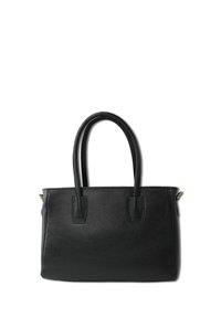 Sac en cuir noir avec deux poignées, surface texturée, forme rectangulaire et accents subtils en or sur le côté.