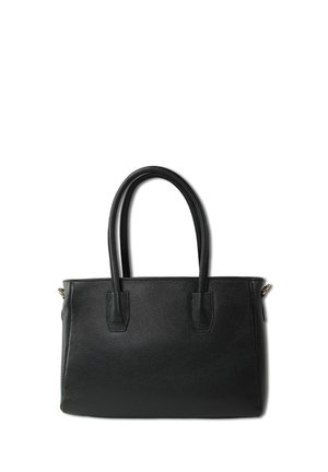 Sac en cuir noir avec deux poignées, surface texturée, forme rectangulaire et accents subtils en or sur le côté.