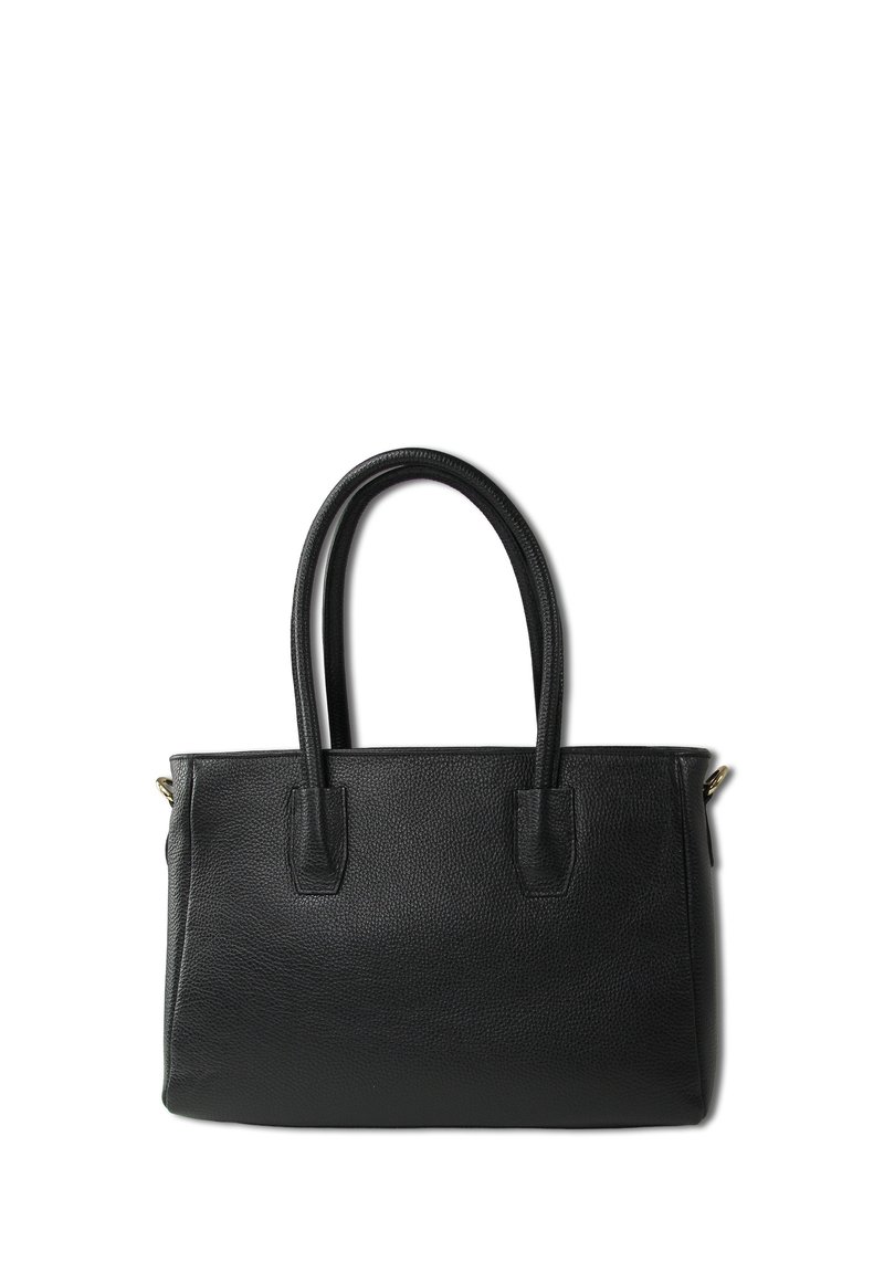 Sac en cuir noir avec deux poignées, surface texturée, forme rectangulaire et accents subtils en or sur le côté.