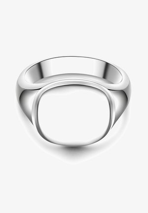 Hõbedane sõrmus, millel on sile, ümar riba ja ristkülikukujuline kinnitus. Pinara on poleeritud ja peegeldav.