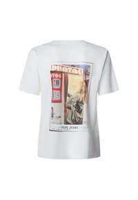Bílá bavlněná tričko s krátkým rukávem, s barevným grafickým potiskem fotokabiny a ručně psaným textem.
