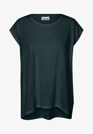 Dark gray, short-sleeve t-shirt with a round neckline, relaxed fit, and a slightly curved hem. Made from a lightweight, textured fabric.