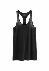 Schwarzes Tanktop mit Racerback-Design, ausgestattet mit einem leichten, leicht strukturierten Stoff und einem runden Halsausschnitt. Keine sichtbaren Muster oder Akzente.