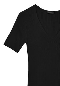 Black ribbed knit top with a V-neck and short sleeves, featuring a smooth texture and slim fit. Label shows "CALLIOPE" and size "S."