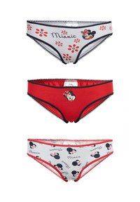 Tres pares de braguitas de bikini para niñas con diseños de Minnie Mouse en colores rojo, blanco y negro, con estampados florales y de personajes.