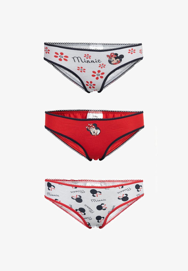 Drie paar meisjesbikini's met Minnie Mouse ontwerpen in rood, wit en zwart, met bloemen- en karakterafdrukken.