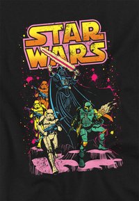 Black t-shirt featuring colorful Star Wars characters: Darth Vader with lightsaber, Stormtroopers, and Boba Fett in action poses, with splatter details.