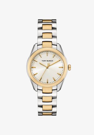 Silver and gold-tone wristwatch with a round face, white dial, gold hands, and link bracelet featuring alternating silver and gold accents.