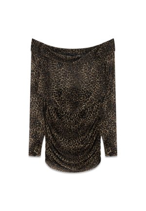 Blouse à manches longues, épaules dénudées, imprimé léopard marron foncé et noir, détail froncé à l'avant.