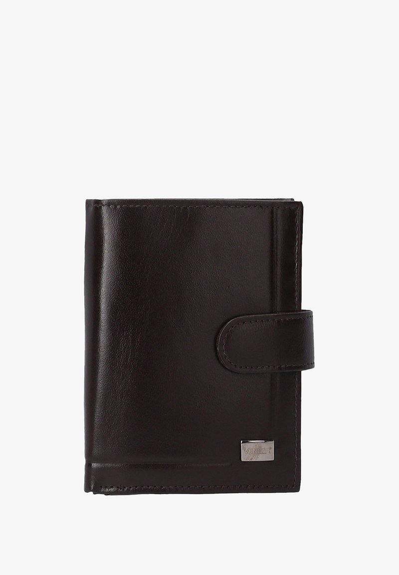 Brown leather wallet with a textured surface, rectangular shape, and a snap closure. Features a small metallic logo on the front.