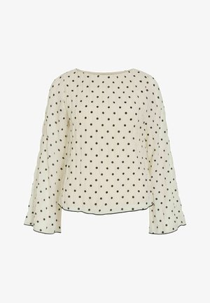 Biała bluzka w czarne grochy, z okrągłym dekoltem, długimi rękawami dzwonami i lekko marszczoną teksturą. Czarna lamówka wzdłuż dolnego brzegu.