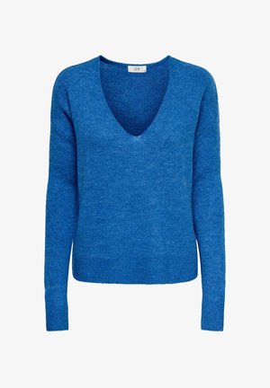 Blå langermet V-hals genser laget av mykt strikket stoff med ribbestrikkede mansjetter og kant, merket JDY, størrelse medium.