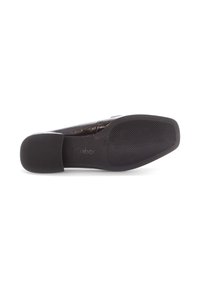 Schwarze Lederschuhe mit strukturierter Oberfläche, quadratischer Spitze und Gummisohle. Besitzen dezente Markenkennzeichnung an der Seite und ein gepolstertes Fußbett.
