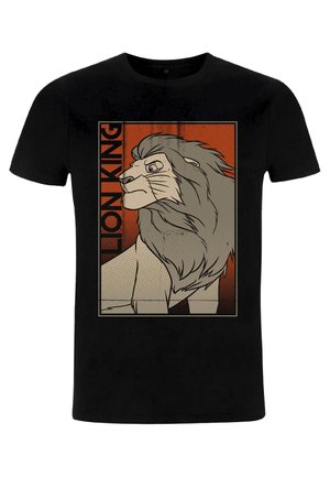 Black t-shirt featuring a graphic design of a lion's profile against an orange and tan background with "LION KING" text in bold.