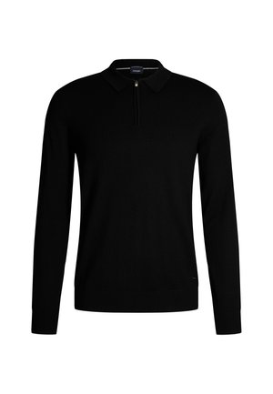 Maglione nero a maglia con colletto con zip, maniche lunghe e polsini e orlo a costine. Presenta un piccolo logo sul lato inferiore.