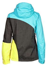 Giacca impermeabile a blocchi di colore in turchese, nero e giallo. Presenta un cappuccio, maniche lunghe e un design a pannelli scuri testurizzati.