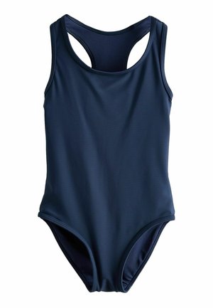 Marineblauer Einteiler-Badeanzug mit Racerback-Design und rundem Ausschnitt, gefertigt aus glattem Stretchstoff.