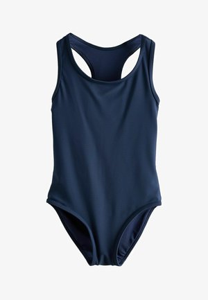 Granatowy jednoczęściowy strój kąpielowy z wycięciem racerback i okrągłym dekoltem, wykonany z gładkiej elastycznej tkaniny.