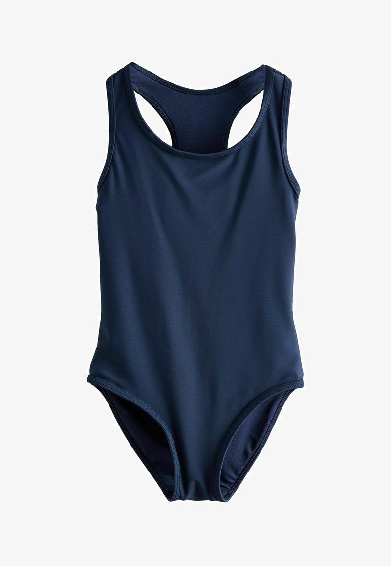 Tumesinine üheosaline ujumistrikoo, millel on ratsutaja seljaosa ja ümara kaelusega, valmistatud siledast venivast kangast.