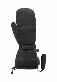 Schwarze isolierte Fäustlinge mit einem taillierten Design, strukturiertem Stoff, verstellbarem Riemen und Kordelzugverschluss am Handgelenk. Reflektierende Streifen vorhanden.