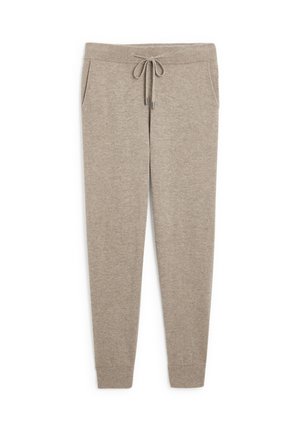 Beige Strick-Jogginghosen mit eng zulaufenden Beinen, elastischem Bund, Kordelzug und Seitentaschen. Weiche Textur mit glatter Oberfläche.