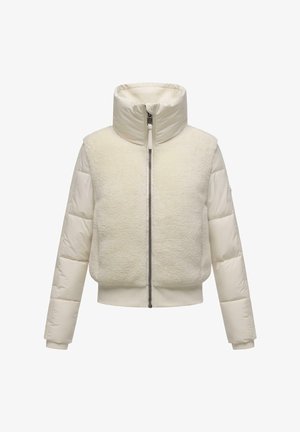 Kuttet jakke i off-white, med et fuzzy ytterstoff, quiltede ermer, høy krage og frontglidelås med ribbet kant.
