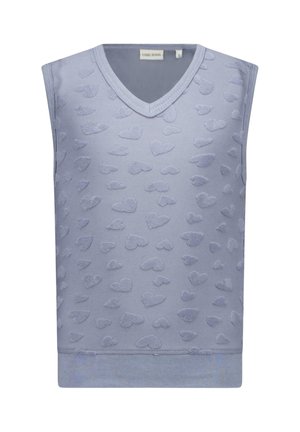 Mouwloos vest in lichtblauw, met een V-hals en getextureerde hartpatronen. Zachte stof met een geribbelde zoom. Casual ontwerp.