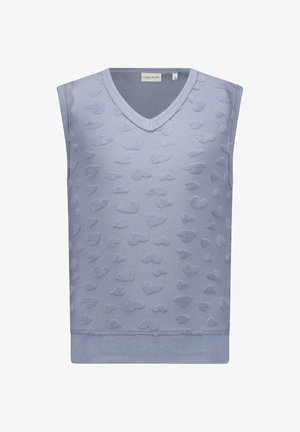 Mouwloos vest in lichtblauw, met een V-hals en getextureerde hartpatronen. Zachte stof met een geribbelde zoom. Casual ontwerp.