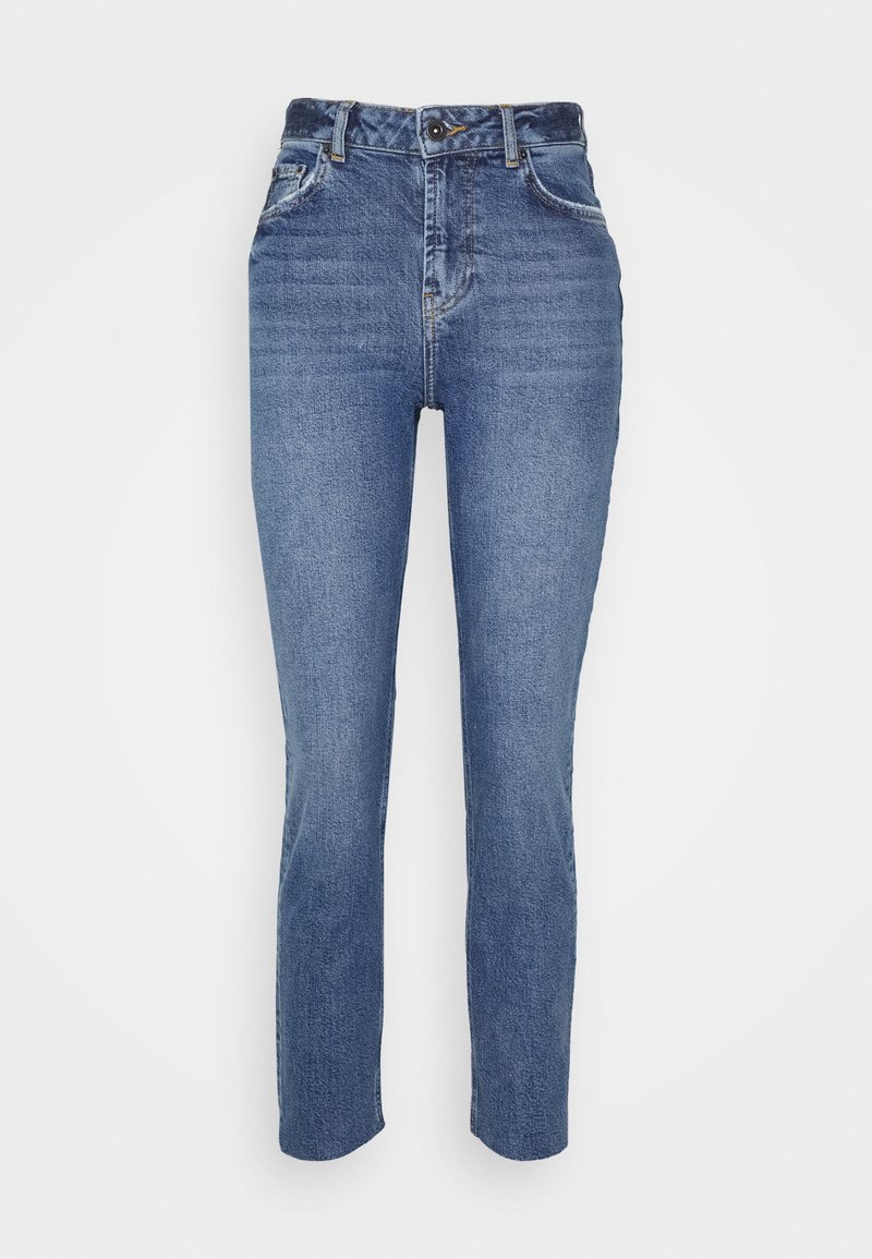 Jeans de ganga de cintura alta em azul médio, com fecho de correr, design de cinco bolsos e um discreto desgaste nas coxas para dar textura.