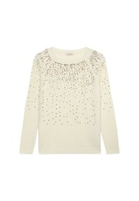 Cremefarbener Pullover mit abgerundetem Ausschnitt, oben mit einem Farbverlauf aus goldenen Pailletten, gestrickter Struktur und langen Ärmeln.