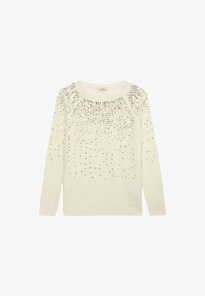 Crèmekleurige trui met een ronde halslijn, voorzien van een verloop van gouden pailletten aan de bovenkant, gebreide textuur en lange mouwen.