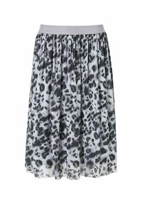 Gonna plissettata in tessuto leggero con un motivo animalier leopardato nero e grigio, dotata di una morbida vita grigia.