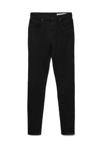 Jean skinny noir taille haute avec bouton et fermeture éclair avant, deux poches avant et passants de ceinture, posé à plat sur fond blanc.