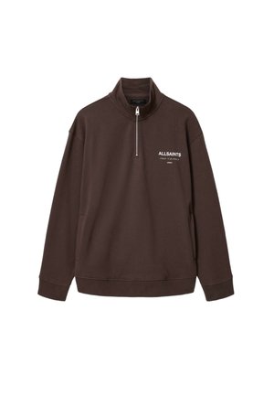 Ciemnobrązowa bluza z suwakiem do połowy, z logo „ALLSAINTS LONDON” i japońskim tekstem na piersi, długimi rękawami oraz prążkowanymi mankietami i pasem.