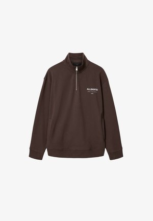 Ciemnobrązowa bluza z suwakiem do połowy, z logo „ALLSAINTS LONDON” i japońskim tekstem na piersi, długimi rękawami oraz prążkowanymi mankietami i pasem.