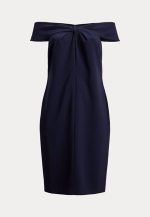 Navy off-the-shoulder dress with a twisted front design and fitted silhouette, made from smooth fabric with a knee-length cut.