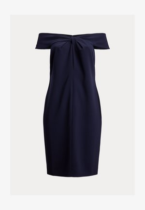 Marineblaues Off-Shoulder-Kleid mit verdrehtem Vorderdesign und figurbetonter Silhouette, aus glattem Stoff gefertigt und knielang geschnitten.