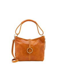 Braune Lederhandtasche mit kurzen gepolsterten Griffen, abnehmbaren Schulterriemen und zentralem Riemen mit großem Metallring-Detail.