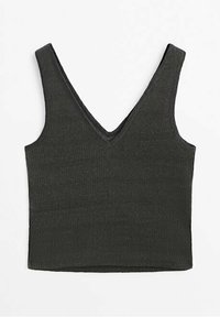 Top a canottiera nero a costine con scollatura a V profonda, senza maniche, dalla forma aderente e in un tessuto strutturato. Progettato per una vestibilità attillata.