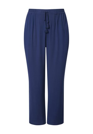 Pantaloni blu navy a vestibilità ampia con vita elastica e coulisse frontale con nappine, design a gamba dritta.
