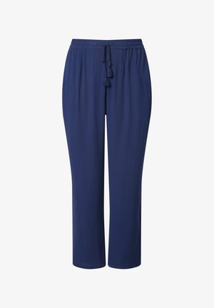 Pantalones sueltos azul marino con cintura elástica y cordón frontal con borlas, diseño de pierna recta.