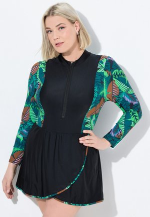 Ulla Popken LONG SLEEVE JUNGLE PRINT ZIP FRONT - Maillot de bain - black
