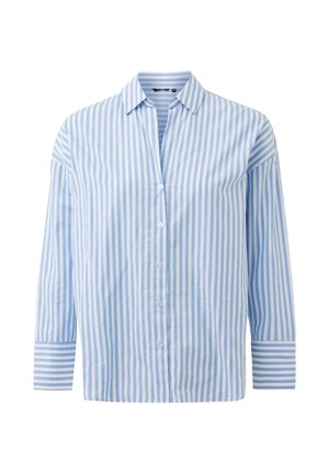 Blauw-wit gestreept overhemd met verticale strepen, lange mouwen en een spitse kraag, met horizontaal gestreepte manchetten.