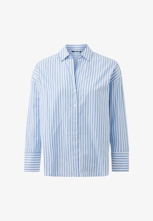 Camicia a righe verticali blu e bianche, con bottoni e maniche lunghe, collo appuntito e polsini a righe orizzontali.