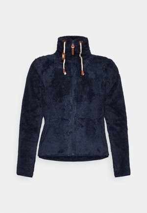 Sötétkék polár dzseki magas nyakkal, cipzáras záródással és állítható húzózsinórral. Két oldalsó zsebével és textúrált anyagával rendelkezik.