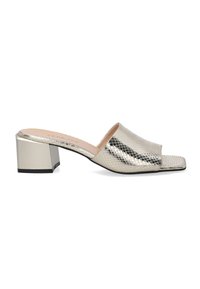Metallic silver open-toe block heel shoe with a textured snake-pattern design and a squared toe. Features a sleek, wide strap across the front.