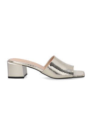 Metallic silver open-toe block heel shoe with a textured snake-pattern design and a squared toe. Features a sleek, wide strap across the front.