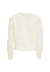 Maglione color crema, con texture, maniche lunghe e scollatura rotonda. Presenta orlo e polsini a costine. Design minimalista senza decorazioni visibili.