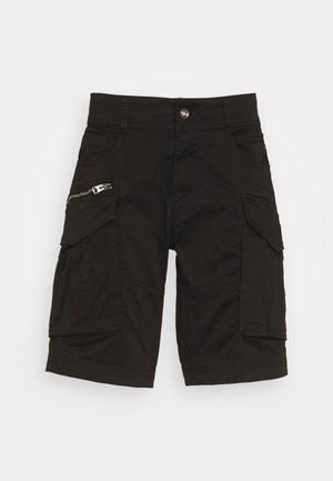 Black cargo shorts made of fabric featuring multiple pockets, a zippered pocket, and a button closure, with a straight leg design.