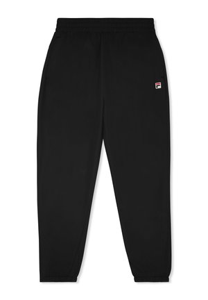 Pantalones deportivos negros con cintura elástica, piernas ajustadas y un pequeño parche de logotipo en rojo, blanco y azul en el lado izquierdo.